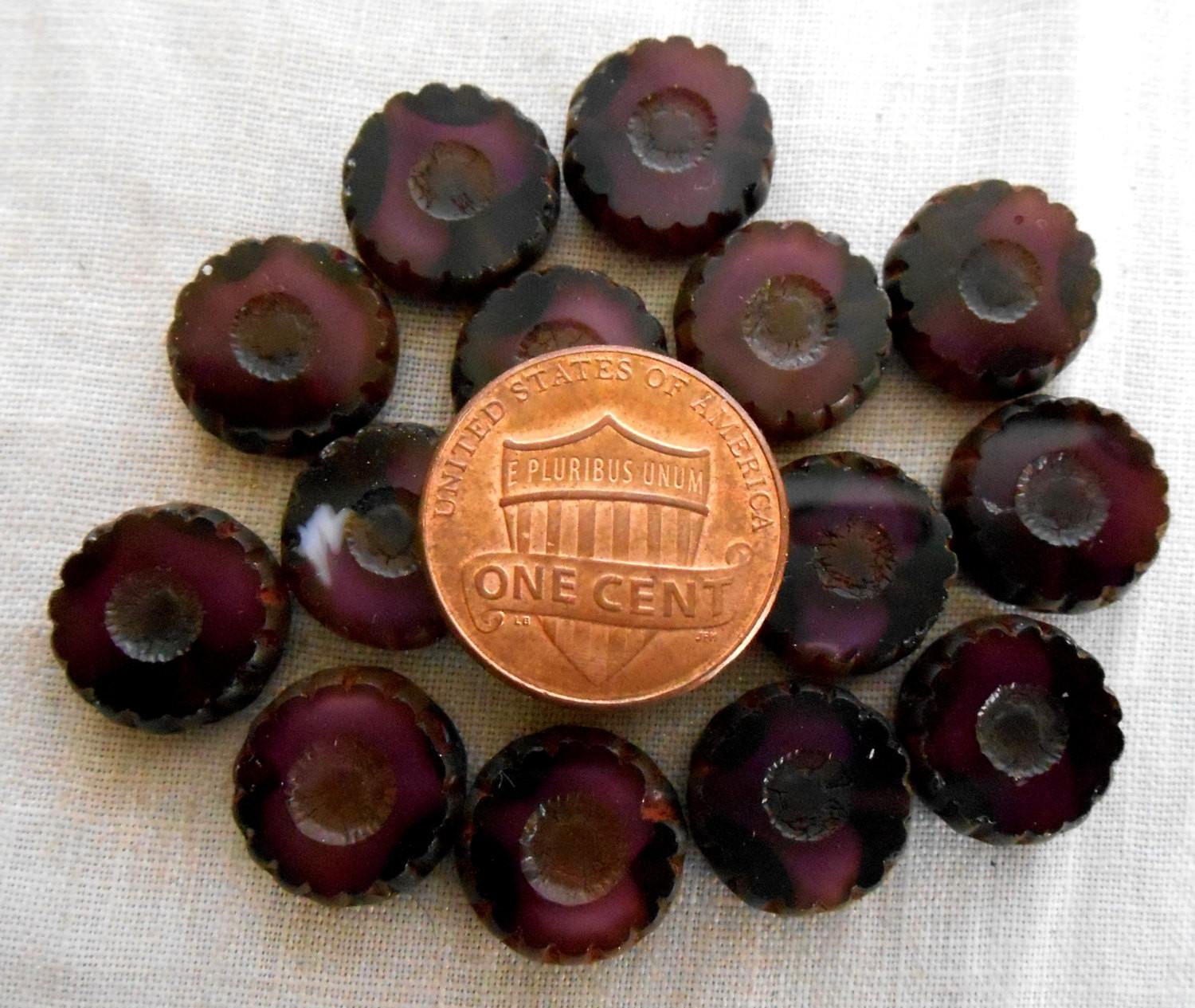 Four Czech table cut, carved, purple amethyst picasso daisy flower beads, 12mm x 4mm, C0804 - Glorious Glass Beads