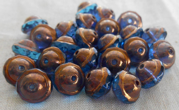 Fifteen transparent capri blue Czech glass faceted saturn or saucer bead with a bronze finish, 8mm x 10mm, C4801 - Glorious Glass Beads