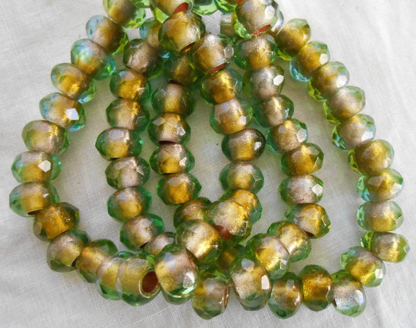 Five 12mm x 8mm Green gold foil Czech glass large faceted roller beads, big 5mm holes, 51101 - Glorious Glass Beads