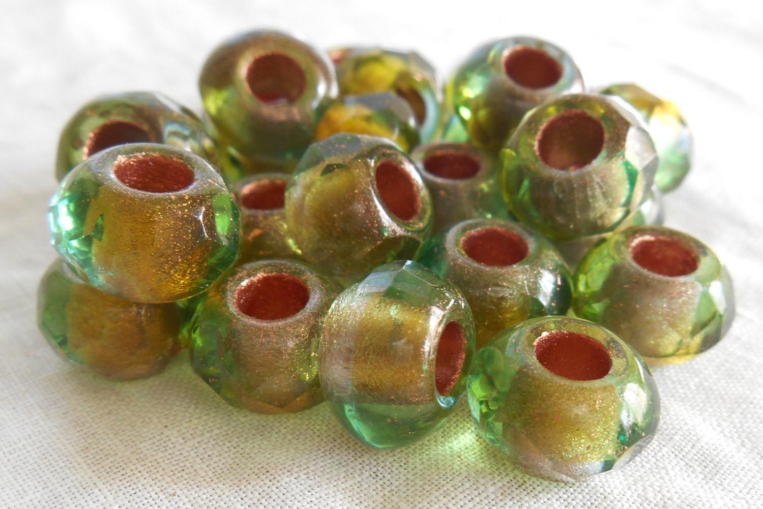 Big Hole Roller Czech Glass Rondelle Forest Copper Lined 8x5mm 25 Glass  Beads Per Strand