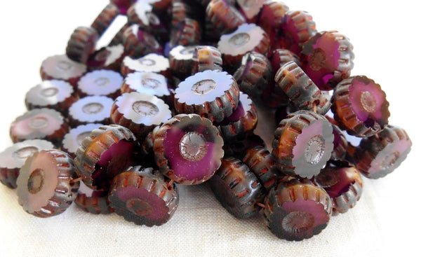 Four Czech table cut, carved, purple amethyst picasso daisy flower beads, 12mm x 4mm, C0804 - Glorious Glass Beads