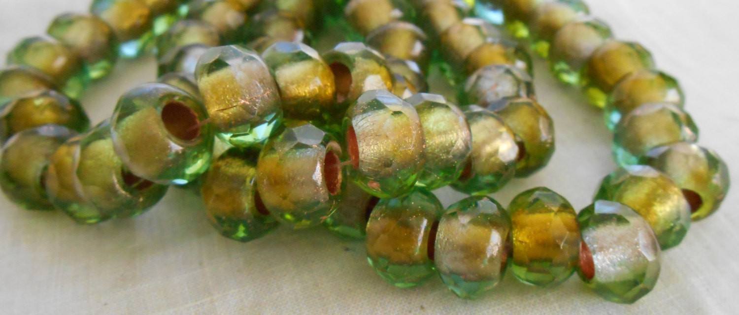 Big Hole Roller Czech Glass Rondelle Forest Copper Lined 8x5mm 25 Glass  Beads Per Strand