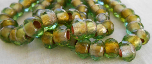 Five 12mm x 8mm Green gold foil Czech glass large faceted roller beads, big 5mm holes, 51101