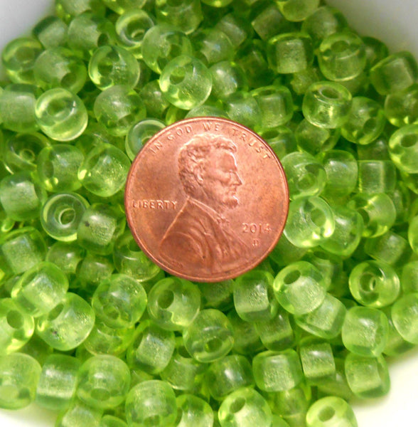 Fifty 6mm Czech glass Transparent Peridot Green pony roller beads, large hole crow beads, C6350 - Glorious Glass Beads