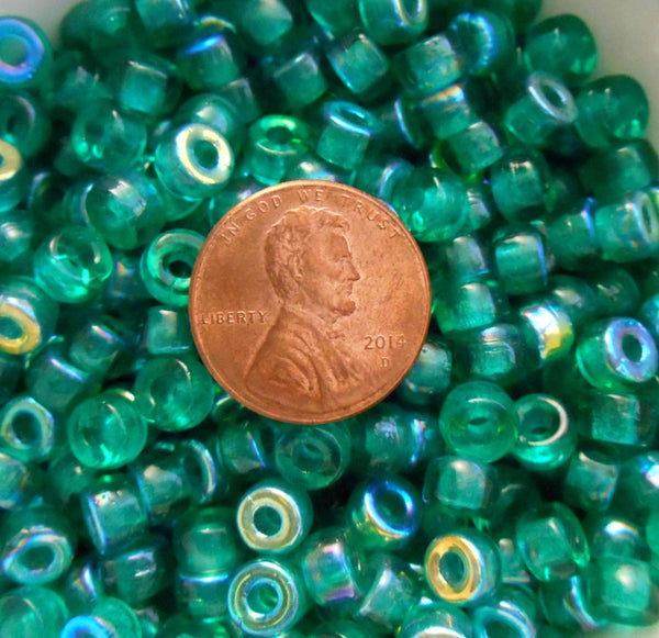 Fifty 6mm Czech glass Transparent Teal AB pony roller beads, large hole crow beads, C7450 - Glorious Glass Beads
