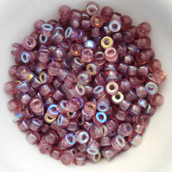 Fifty 6mm Czech glass Transparent Light Amethyst, AB pony roller beads, large hole crow beads, C7450 - Glorious Glass Beads