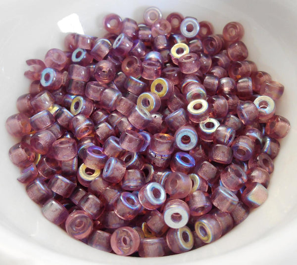 Fifty 6mm Czech glass Transparent Light Amethyst, AB pony roller beads, large hole crow beads, C7450 - Glorious Glass Beads