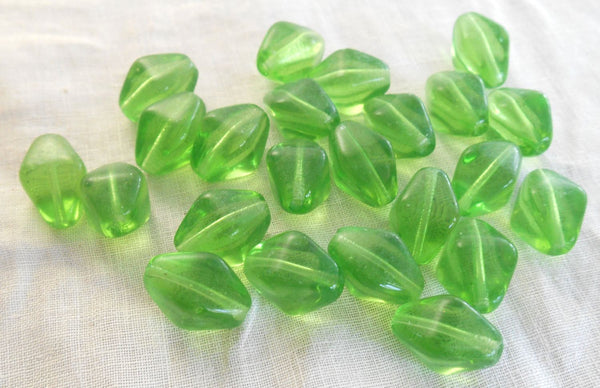 Ten Peridot Lime Green Czech glass chunky lantern, diamond or tube beads, 16 x 13mm, C1210 - Glorious Glass Beads