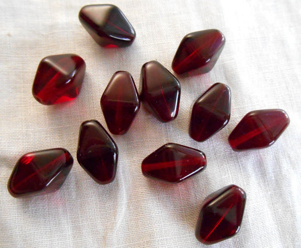 Ten Czech glass Garnet, ruby red chunky lantern, diamond or tube beads, 16 x 13mm, C4210 - Glorious Glass Beads