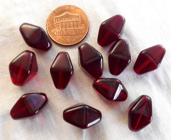 Ten Czech glass Garnet, ruby red chunky lantern, diamond or tube beads, 16 x 13mm, C4210 - Glorious Glass Beads