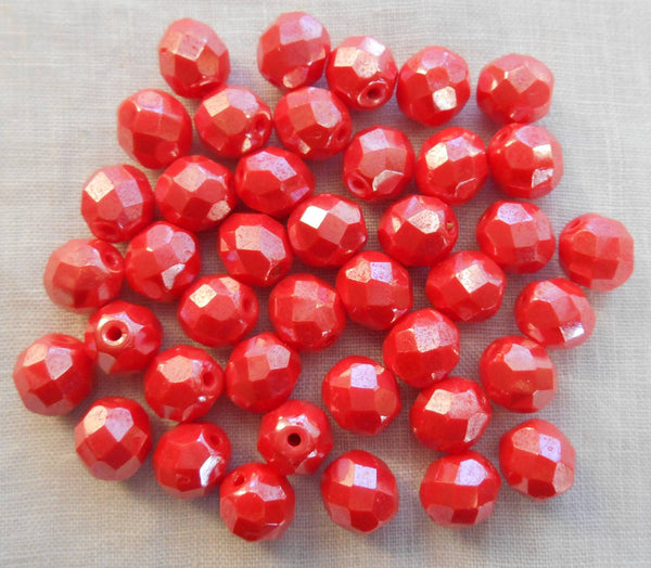 Lot of 25 8mm Czech glass Coral or Orange Shimmer fire polished, faceted round beads, C00701