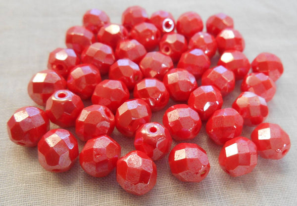 Lot of 25 8mm Czech glass Coral or Orange Shimmer firepolished, faceted round beads, C00125 - Glorious Glass Beads