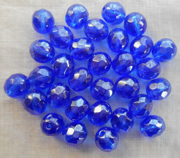 Lot of 25 8mm Sapphire Blue Iridescent Shimmer Czech glass firepolished, faceted beads, C1625 - Glorious Glass Beads