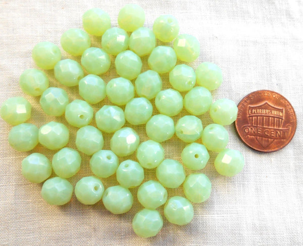 Lot of 25 8mm Light Mint Green Opal, opaque faceted round firepolished glass beads, C7825 - Glorious Glass Beads