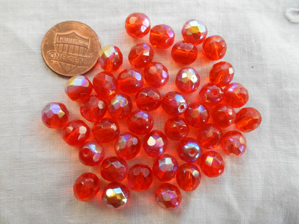 Lot of 25 8mm Czech glass, Hyacinth Orange AB firepolished, faceted round beads, C7825 - Glorious Glass Beads