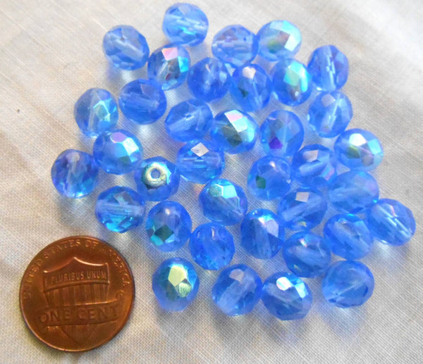 Lot of 25 8mm Czech glass Light Blue Sapphire AB, firepolished faceted round beads, C1625 - Glorious Glass Beads