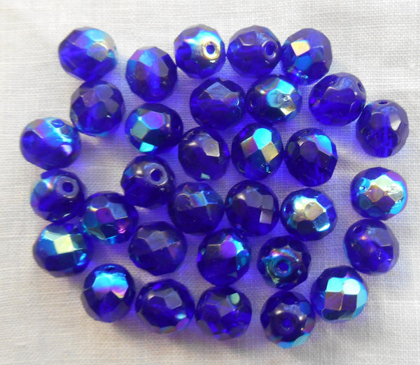 Lot of 25 8mm Czech glass cobalt blue AB fire polished faceted round beads, C0056