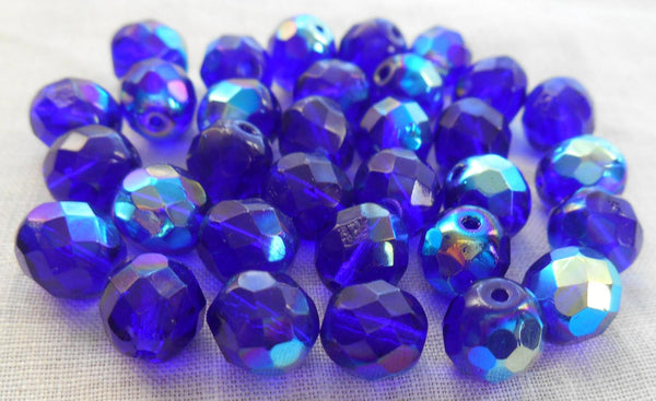 Lot of 25 8mm Czech glass cobalt blue AB firepolished faceted round beads, C1625 - Glorious Glass Beads