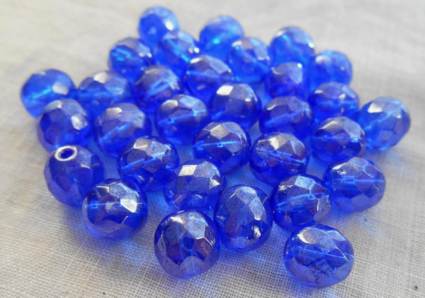 Lot of 25 8mm Sapphire Blue Iridescent Shimmer Czech glass firepolished, faceted beads, C1625 - Glorious Glass Beads