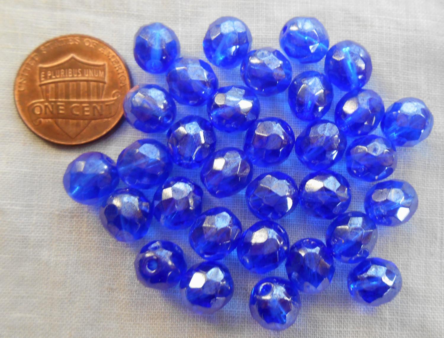 Lot of 25 8mm Sapphire Blue Iridescent Shimmer Czech glass firepolished, faceted beads, C1625 - Glorious Glass Beads
