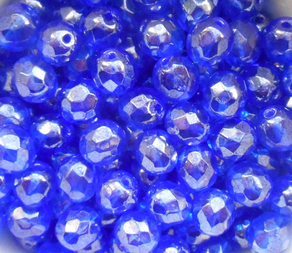 Lot of 25 8mm Sapphire Blue Iridescent Shimmer Czech glass firepolished, faceted beads, C1625