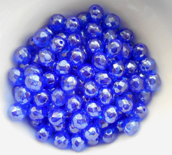 Lot of 25 8mm Sapphire Blue Iridescent Shimmer Czech glass firepolished, faceted beads, C1625 - Glorious Glass Beads