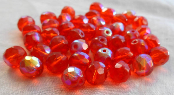 Lot of 25 8mm Czech glass, Hyacinth Orange AB firepolished, faceted round beads, C7825 - Glorious Glass Beads
