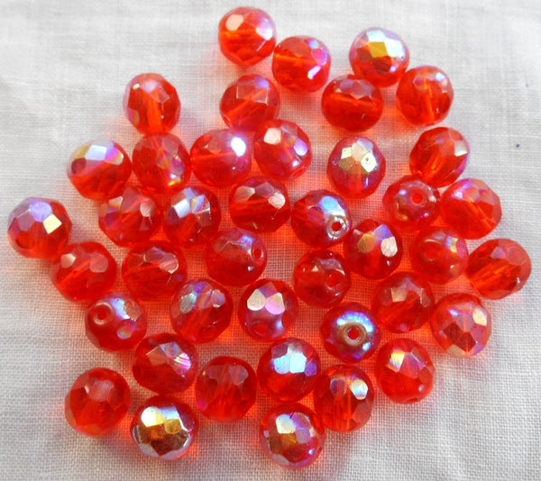 Lot of 25 8mm Czech glass, Hyacinth Orange AB fire polished, faceted round beads, C0029