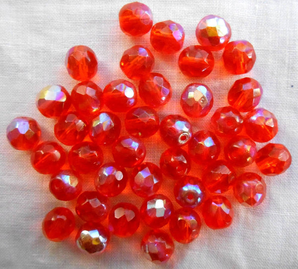 Lot of 25 8mm Czech glass, Hyacinth Orange AB firepolished, faceted round beads, C7825 - Glorious Glass Beads