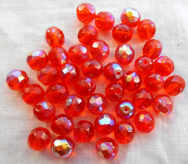 Lot of 25 8mm Czech glass, Hyacinth Orange AB firepolished, faceted round beads, C7825 - Glorious Glass Beads