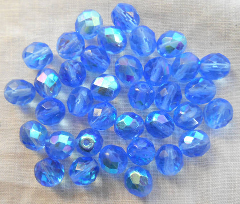 Lot of 25 8mm Czech glass Light Blue Sapphire AB, firepolished faceted round beads, C1625 - Glorious Glass Beads