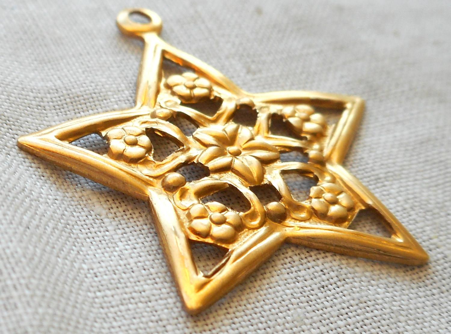 One raw brass stamping, Victorian floral star charm, pendant, earring, 28mm, USA made, C0201 - Glorious Glass Beads