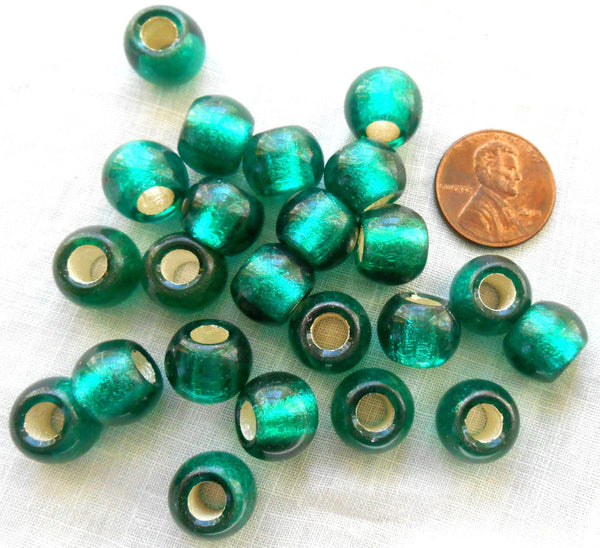 Six round Teal, Blue Green Siver Lined large 12mm glass beads, big 4.5mm holes, Pandora, European,  C6601 - Glorious Glass Beads