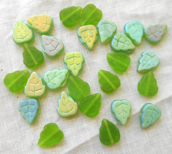 25 Czech glass leaf beads - Matte Peridot, Lime Green AB - large 12 x 10mm center drilled leaves - C63152 - Glorious Glass Beads