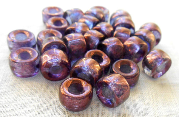 Lot of 25 9mm Czech Lumi Amethyst pony roller beads, large hole beads, C2625 - Glorious Glass Beads