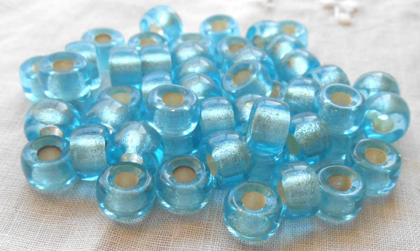 Lot of 25 9mm Czech Aqua blue silver lined glass pony, roller beads, large hole crow beads, C4625 - Glorious Glass Beads