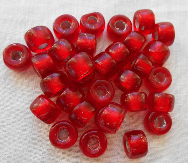 Lot of 25 9mm Czech Ruby Red Silver Lined glass pony roller beads, large hole crow beads, C0087