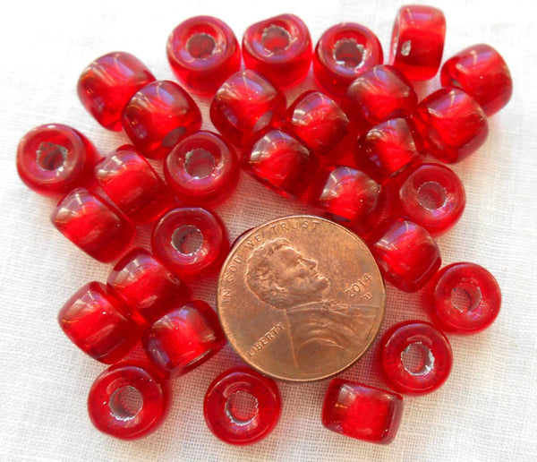Lot of 25 9mm Czech Ruby Red Silver Lined glass pony roller beads, large hole crow beads, C6625 - Glorious Glass Beads