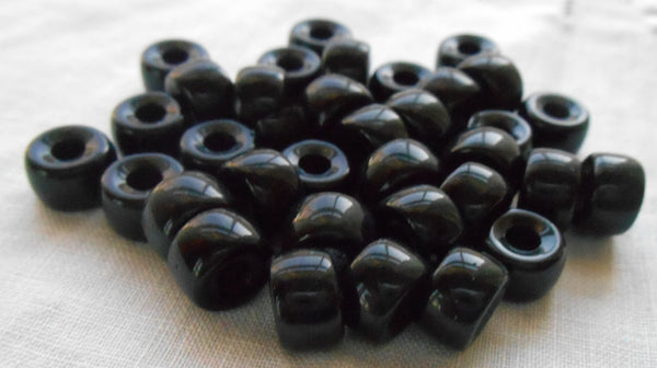 Lot of 25 9mm Czech Opaque Jet Black glass pony roller beads, large hole crow beads, C7625 - Glorious Glass Beads