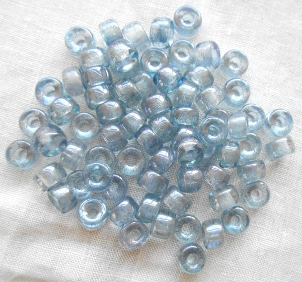 Fifty 6mm Czech iridescent Lumi Blue glass pony, roller beads, large hole crow beads, C1550