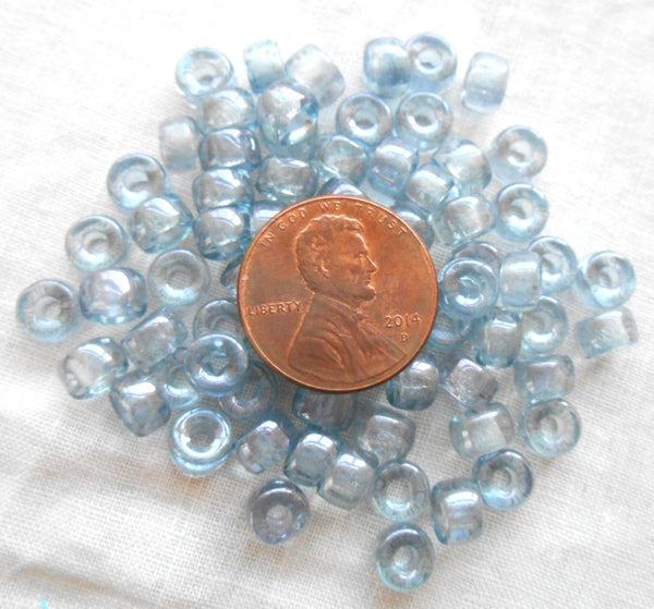 Fifty 6mm Czech Blue Iris iridescent glass pony roller beads, large hole  crow beads, C7450