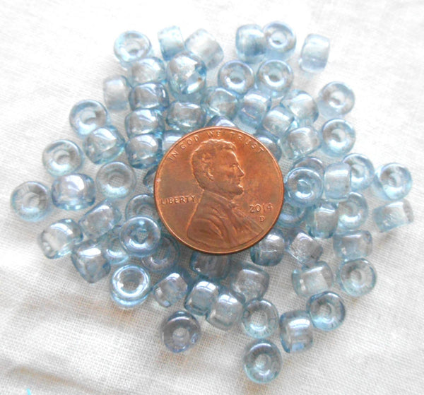 Fifty 6mm Czech iridescent Lumi Blue glass pony, roller beads, large hole crow beads, C1550 - Glorious Glass Beads