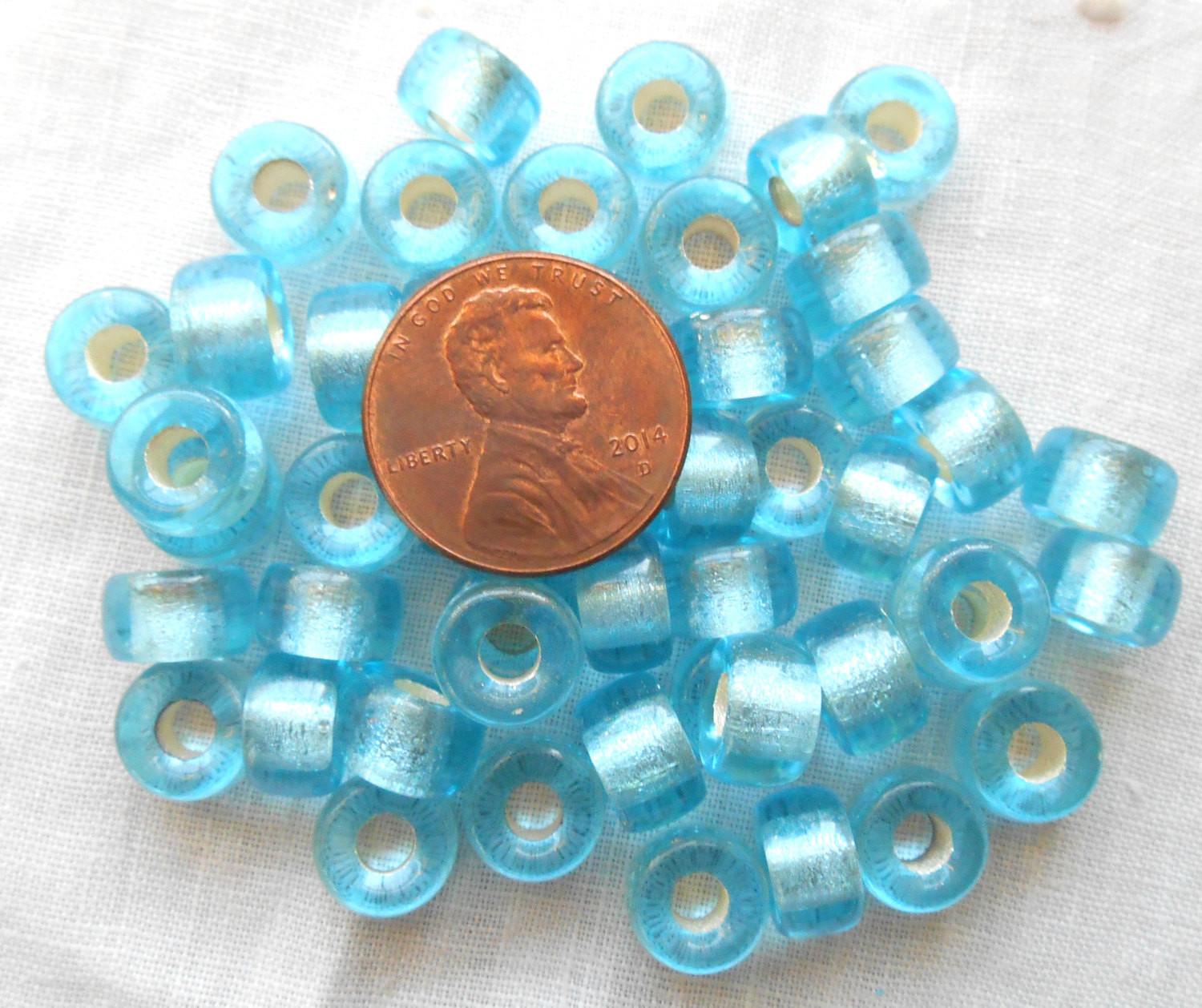 Lot of 25 9mm Czech Aqua blue silver lined glass pony, roller beads, large hole crow beads, C4625 - Glorious Glass Beads