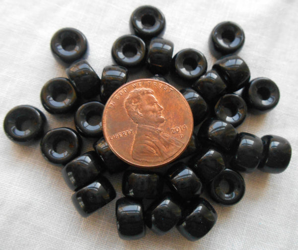 Lot of 25 9mm Czech Opaque Jet Black glass pony roller beads, large hole crow beads, C7625 - Glorious Glass Beads