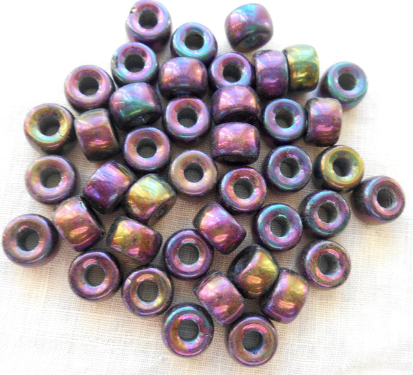 Lot of 25 9mm Czech iridescent multicolored glass Purple Iris pony roller beads, large hole crow beads, C3525