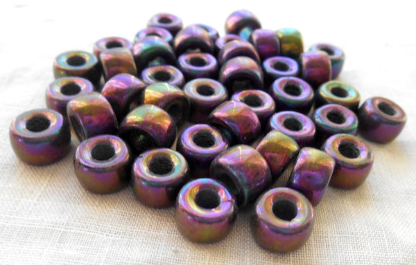 Lot of 25 9mm Czech iridescent multicolored glass Purple Iris pony roller beads, large hole crow beads, C3525 - Glorious Glass Beads