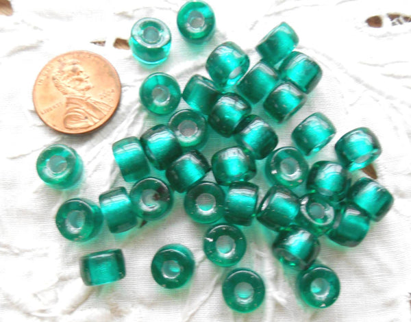 Lot of 25 9mm Czech Teal, Silver Lined glass pony roller beads, large hole crow beads, C3525 - Glorious Glass Beads