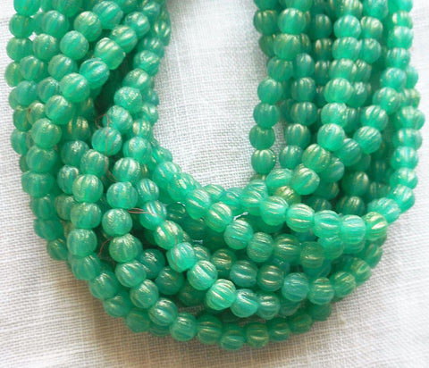 Lot of 100 3mm Sueded Gold Atlantis Green melon beads, Czech pressed glass beads C02101 - Glorious Glass Beads