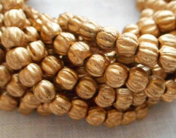 Lot of 100 3mm Matte Metallic Flax Gold melon beads, Czech pressed glass beads C53101 - Glorious Glass Beads