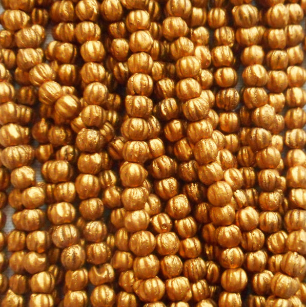 Lot of 100 3mm Matte Metallic Antique Gold melon beads, Czech pressed glass beads C61150 - Glorious Glass Beads